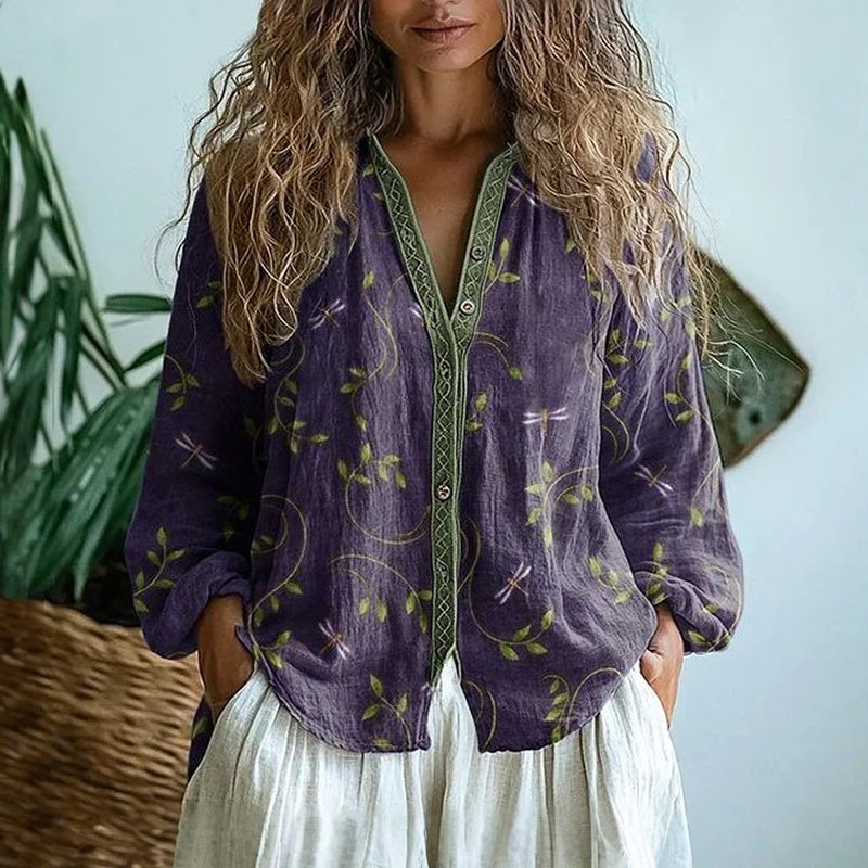 Vintage Blus Med Bladtryck
