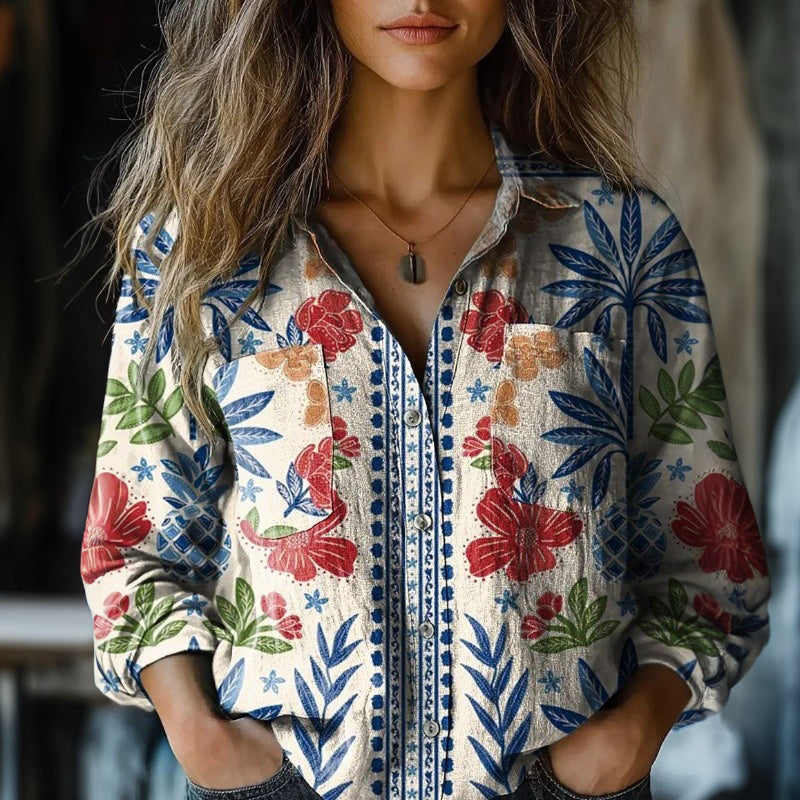 【Långärmad】 Vintage Blus Med Blommigt Tryck
