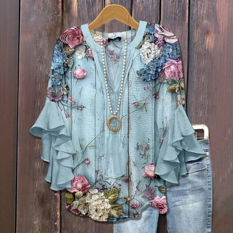 Vintage Blus Med Blommönster