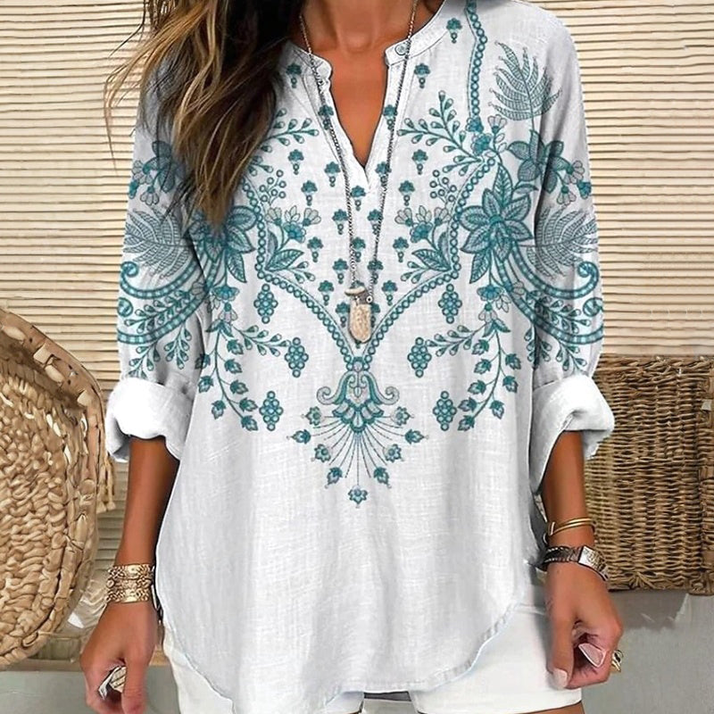 【Långärmad】 Vintage Blus Med Blommigt Tryck