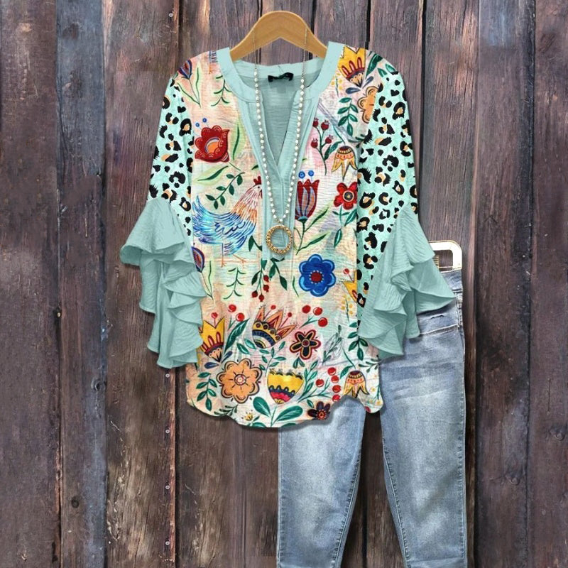 Vintage Blus Med Blommönster