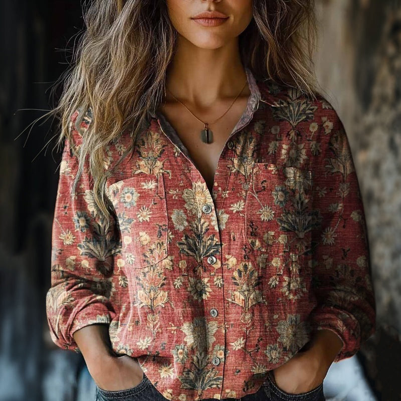 Vintage Blus Med Blommönster