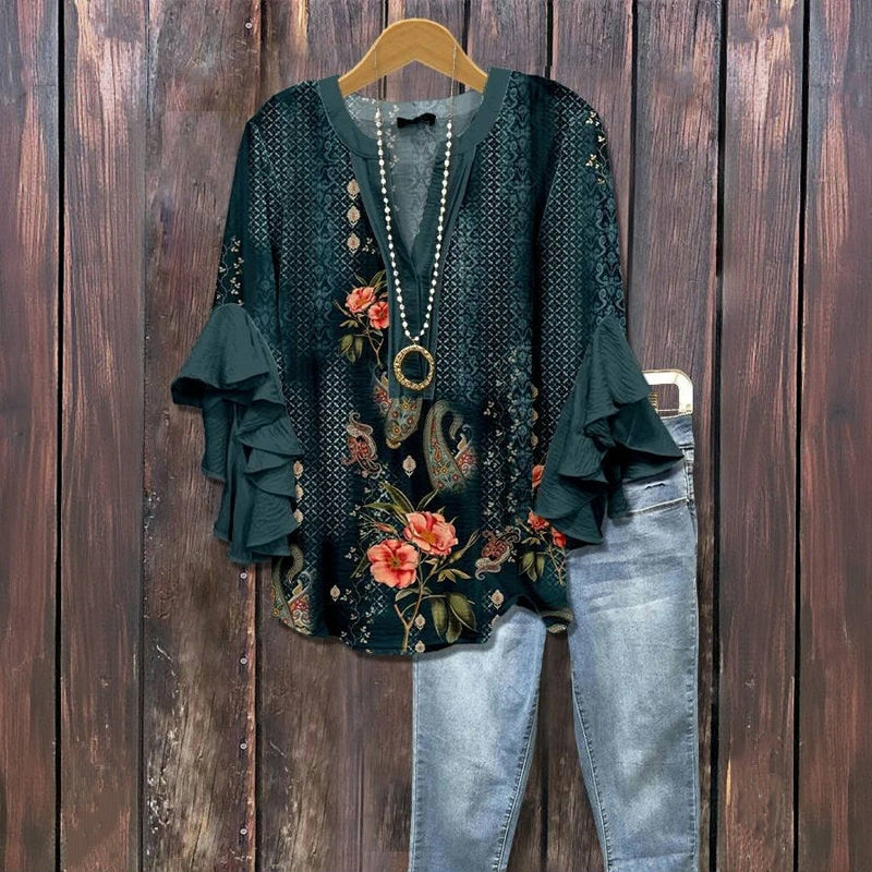 Vintage Blus Med Blommönster