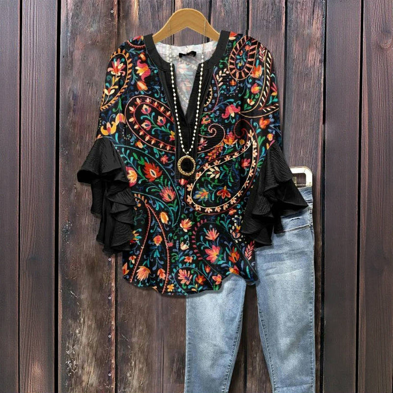 Vintage Blus Med Blommönster