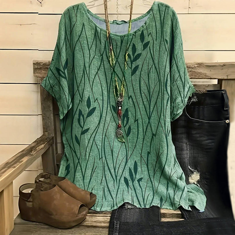 Vintage Blus Med Bladtryck
