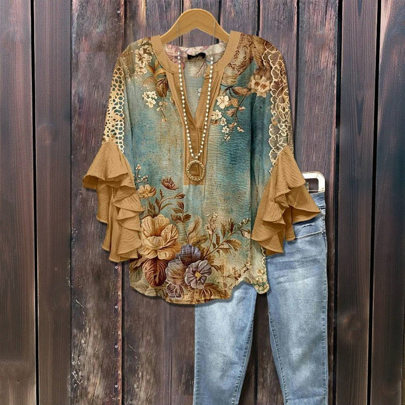 Vintage Blus Med Blommönster