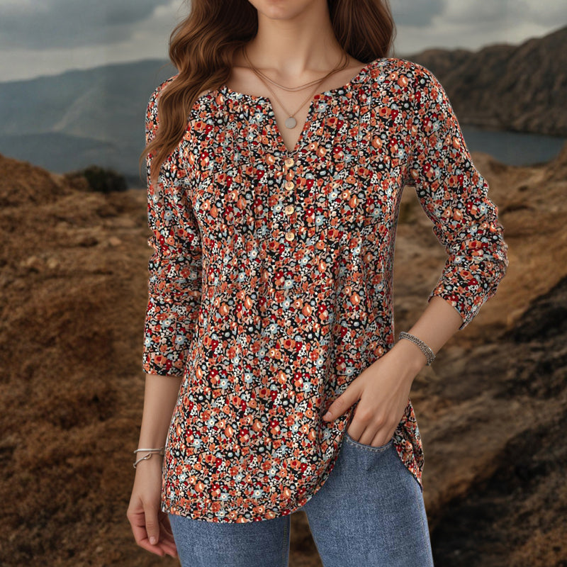 【Långärmad】Vintage Blommig Blus