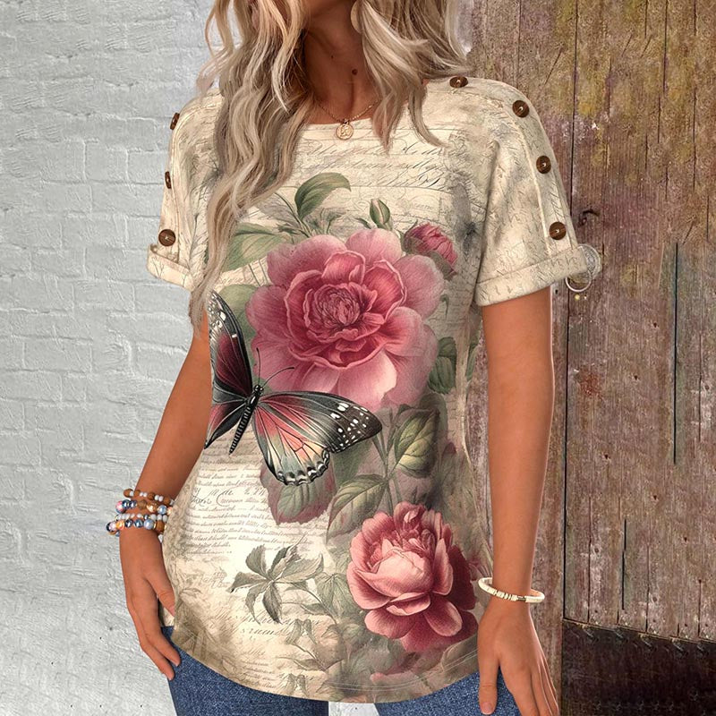 Vintage T-Shirt Med Blommigt Tryck