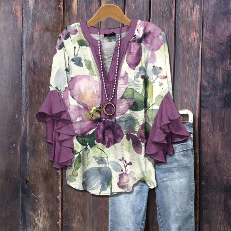 Vintage Blus Med Blommönster