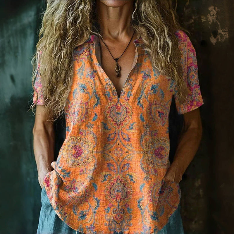 Vintage Blus Med Etniskt Tryck