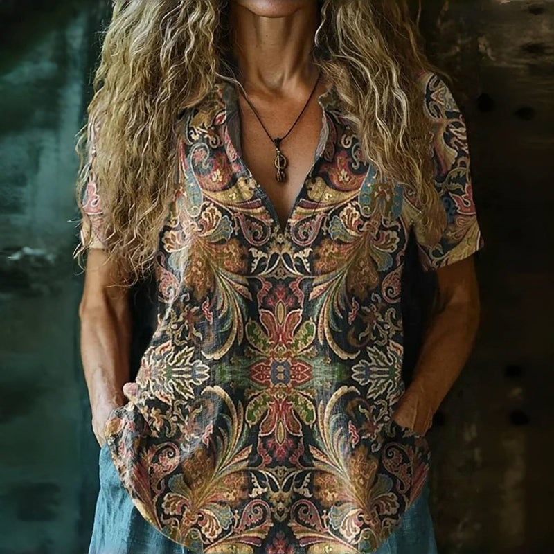 Vintage Blus Med Etniskt Tryck
