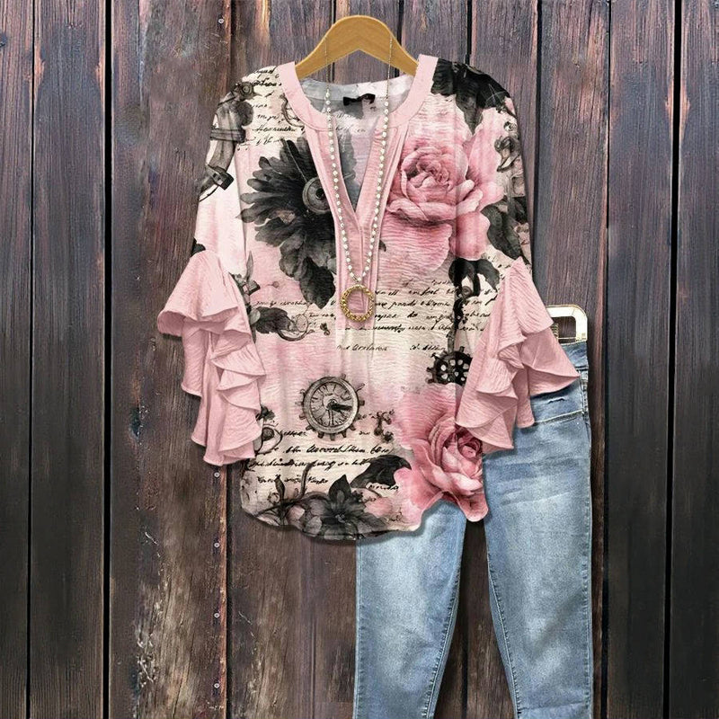 Vintage Blus Med Blommönster