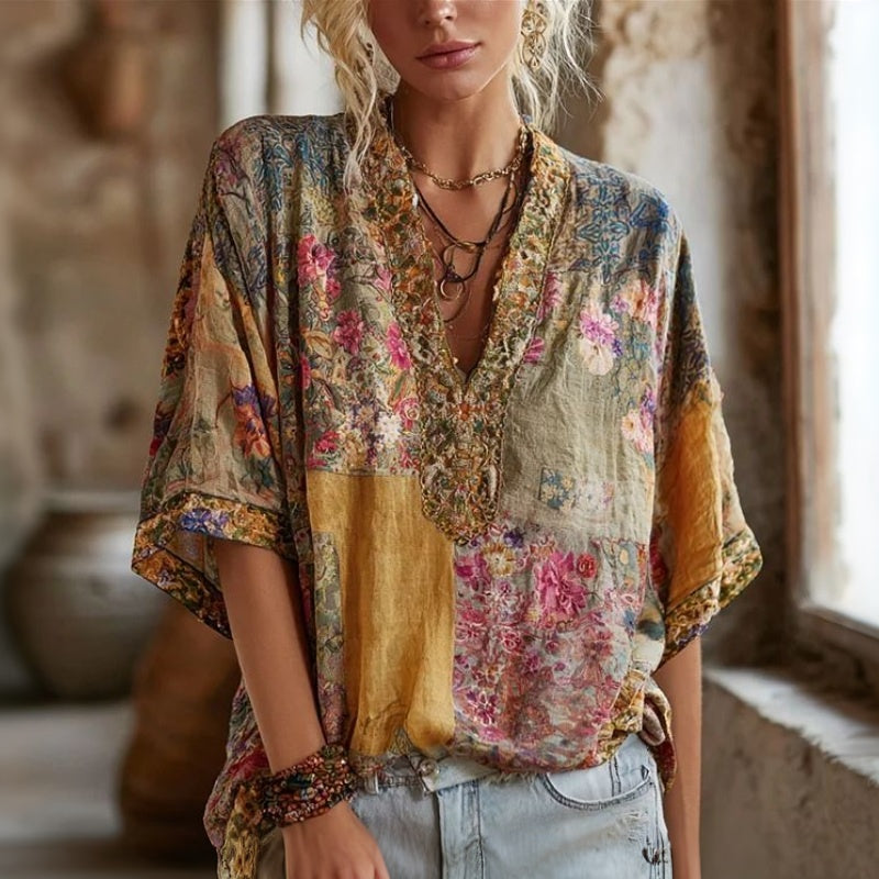 Vintage Blus Med Blommönster