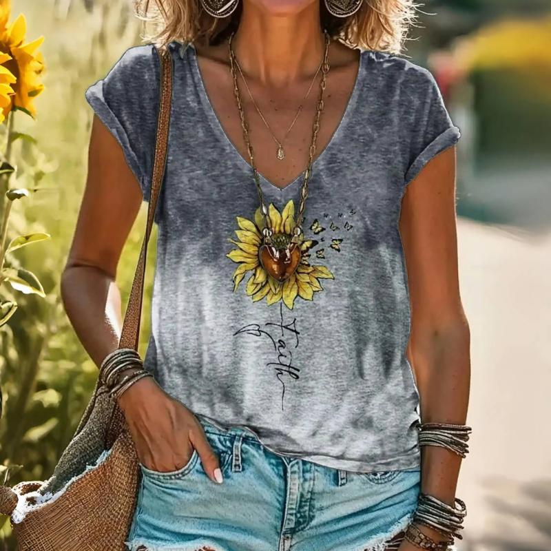 Gradient T-Shirt Med Blommigt Tryck