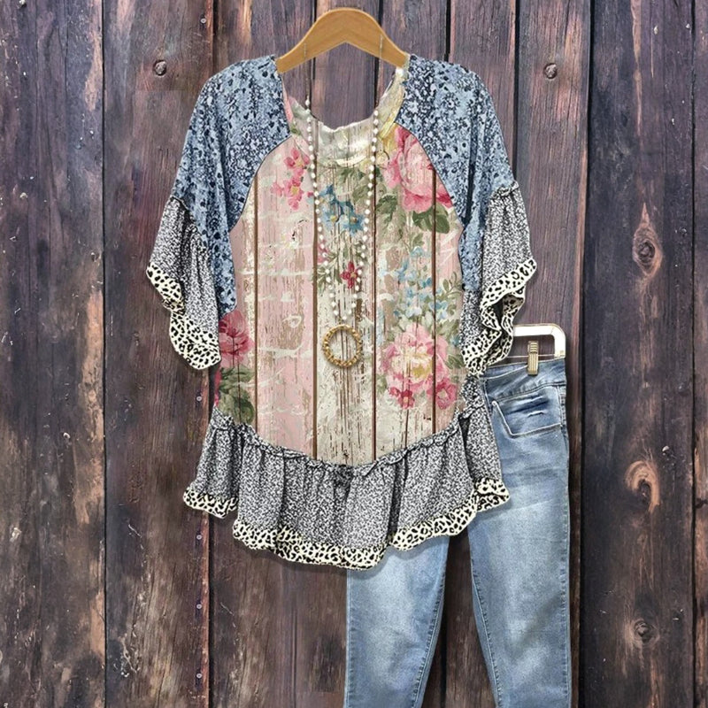 Vintage Blommig Patchwork Blus