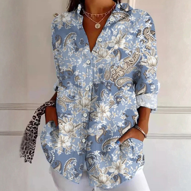 【Långärmad】 Vintage Blus Med Blommigt Tryck