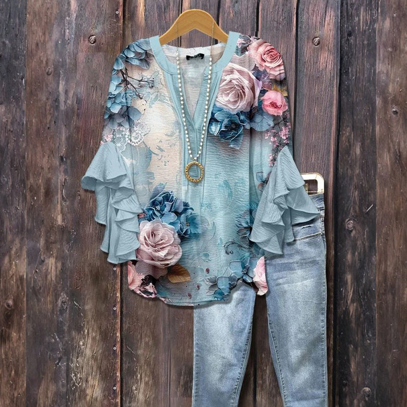 Vintage Blus Med Blommönster