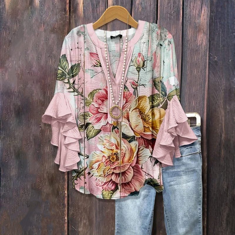 Vintage Blus Med Blommönster