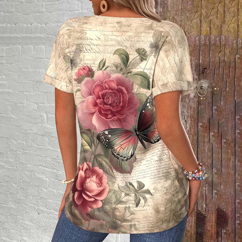 Vintage T-Shirt Med Blommigt Tryck