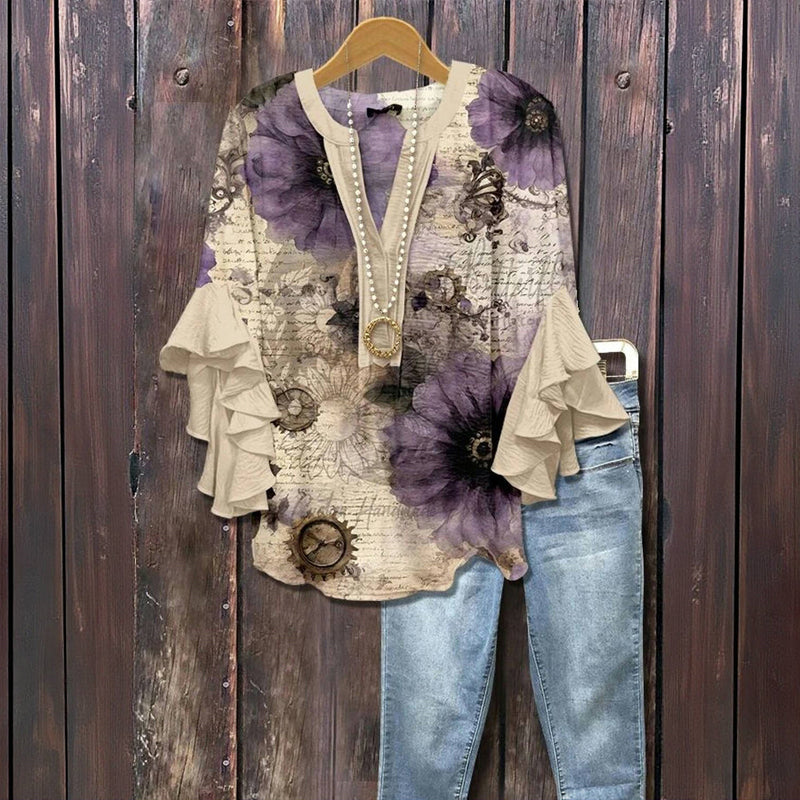 Vintage Blus Med Blommönster