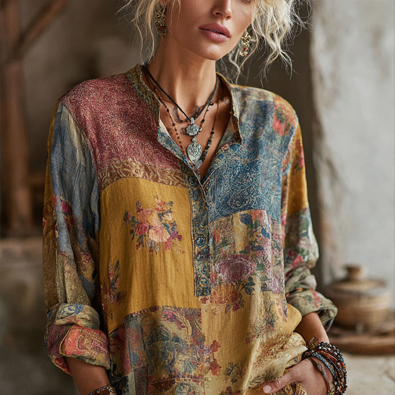 【Långärmad】 Vintage Blus Med Blommigt Tryck