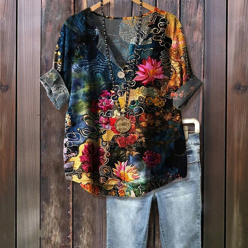 Vintage Blus Med Abstrakt Tryck