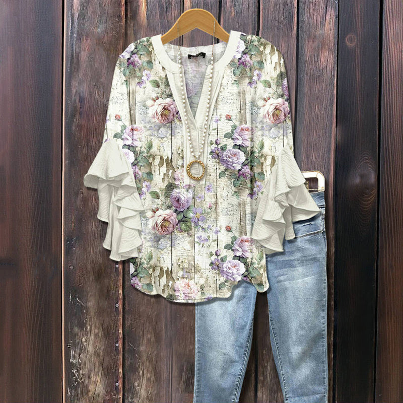 Avslappnad Blus Med Blommönster