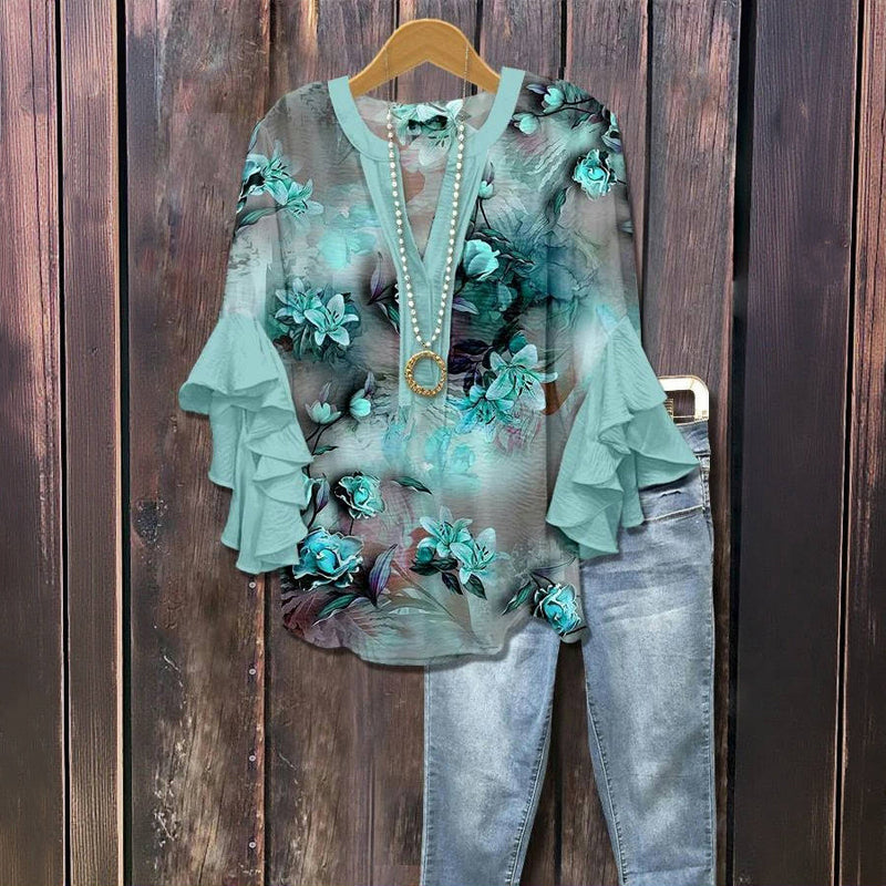 Vintage Blus Med Blommönster