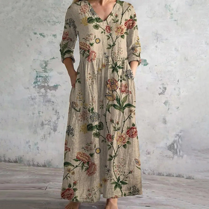 【Långärmad】 Vintage Klänning Med Blommönster