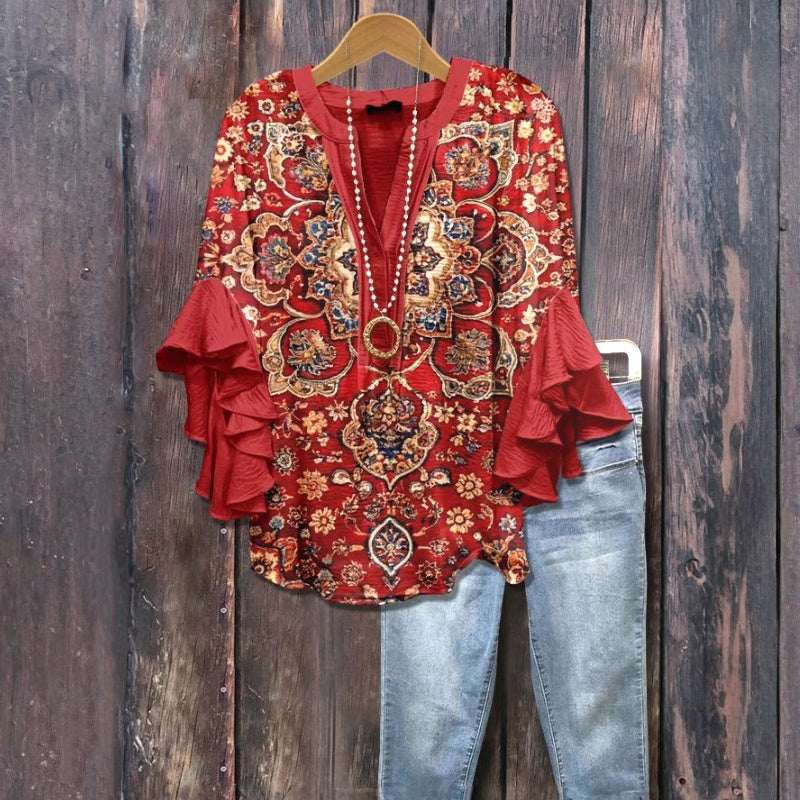 Vintage Blus Med Blommönster