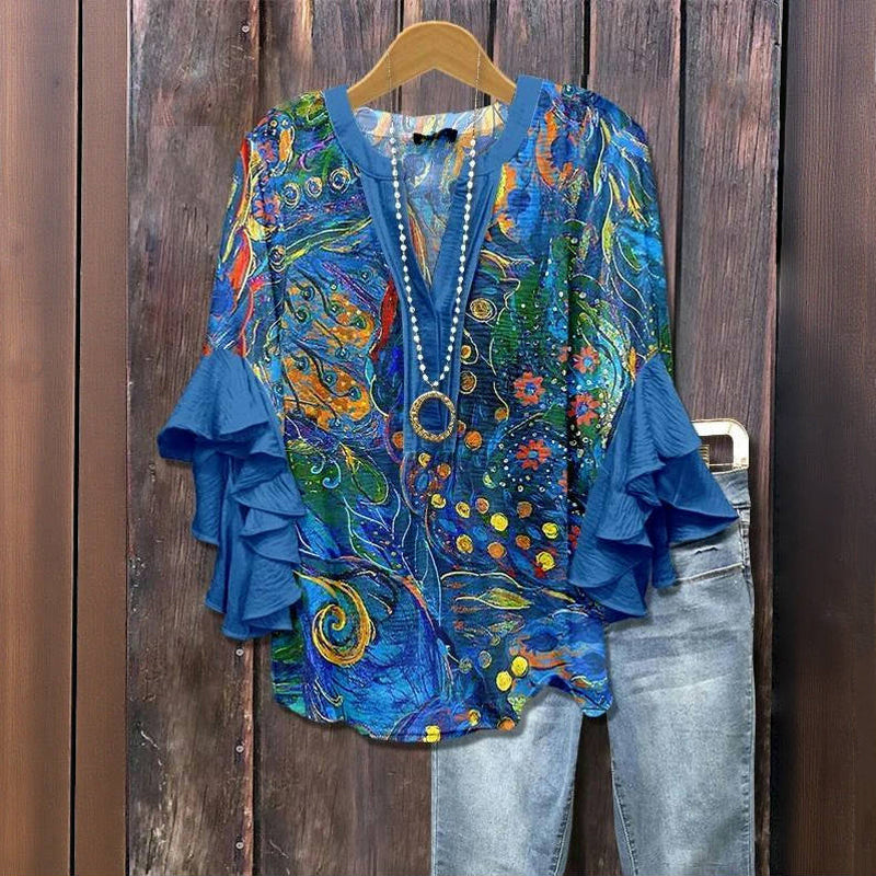 Vintage Blus Med Abstrakt Tryck
