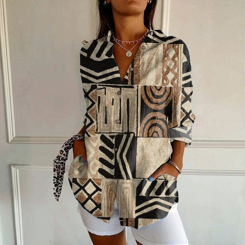 Vintage Blus Med Abstrakt Tryck
