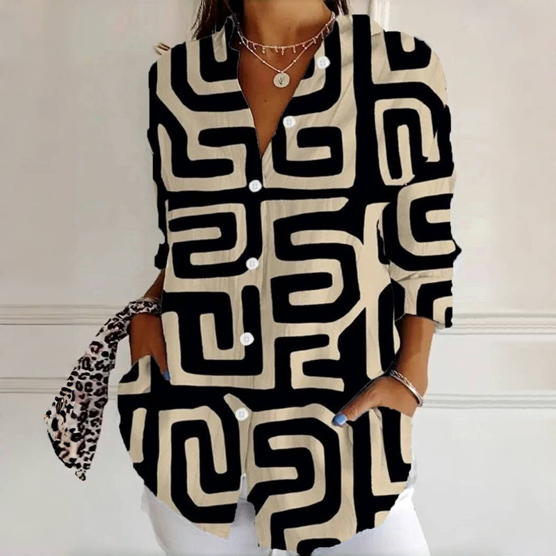 Vintage Blus Med Geometriskt Tryck
