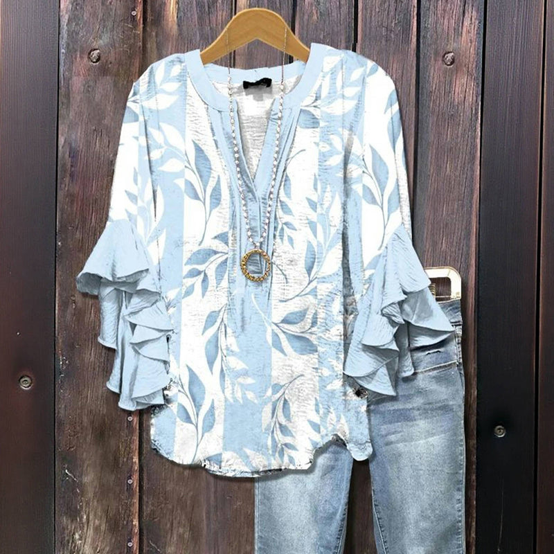 Casual Blus Med Bladtryck