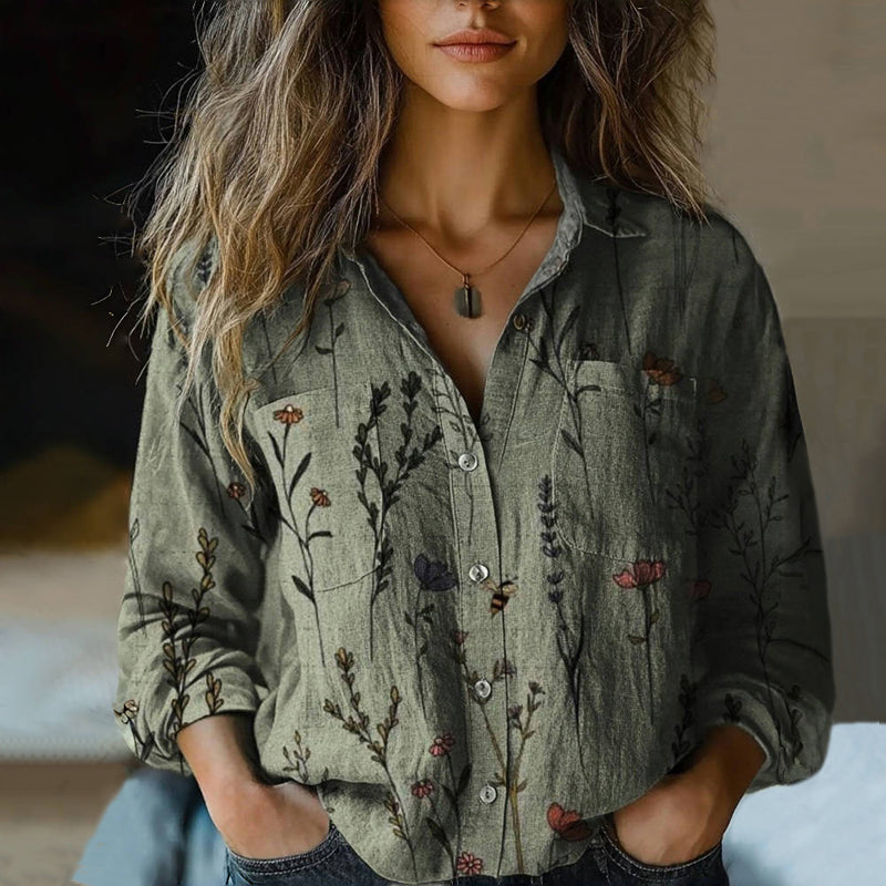 Vintage Blus Med Blommönster
