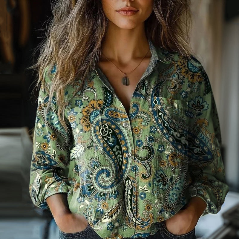 Vintage Blus Med Etniskt Tryck