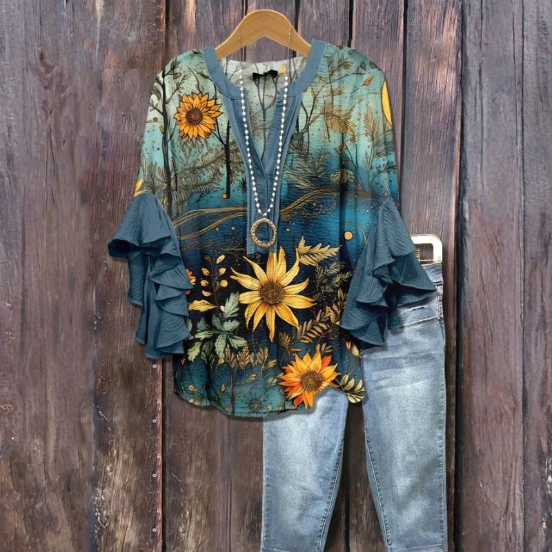 Vintage Blus Med Blommönster