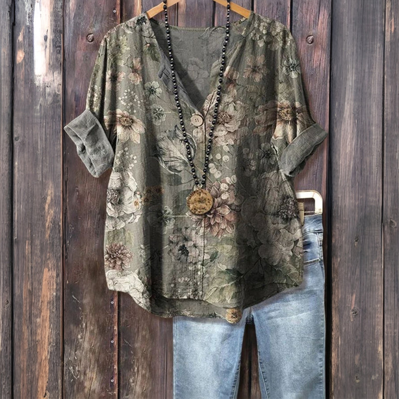 Vintage Blus Med Blommönster