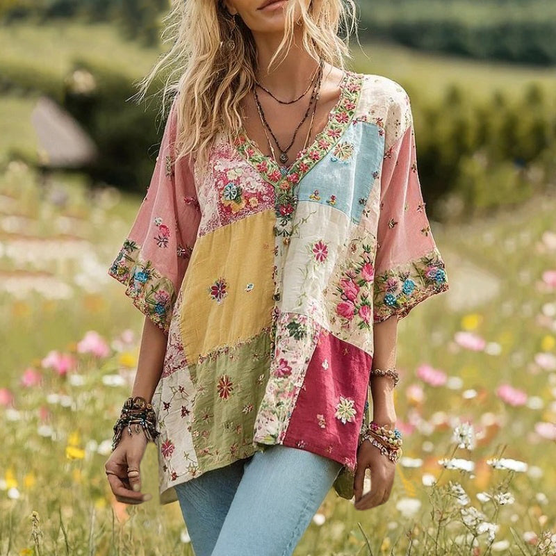 Blus Med Färgblock Och Blommigt Tryck