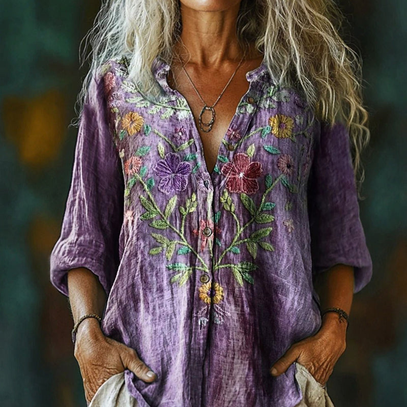 【Långärmad】 Vintage Blus Med Blommigt Tryck