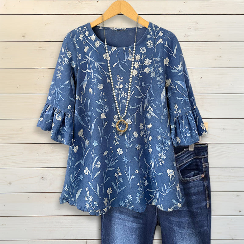 Vintage Blus Med Blommönster