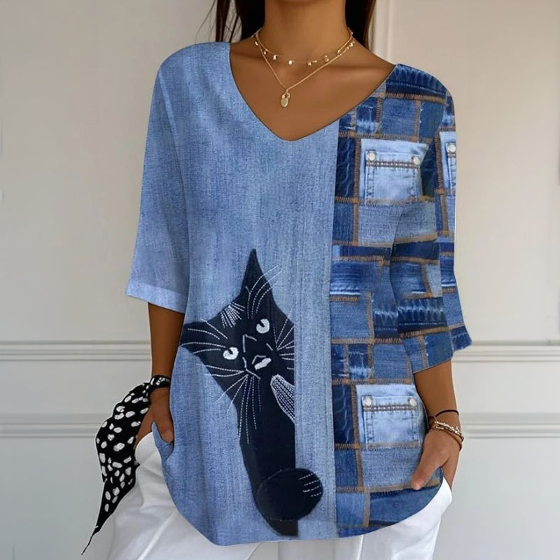 Vintage Blus Med Katttryck