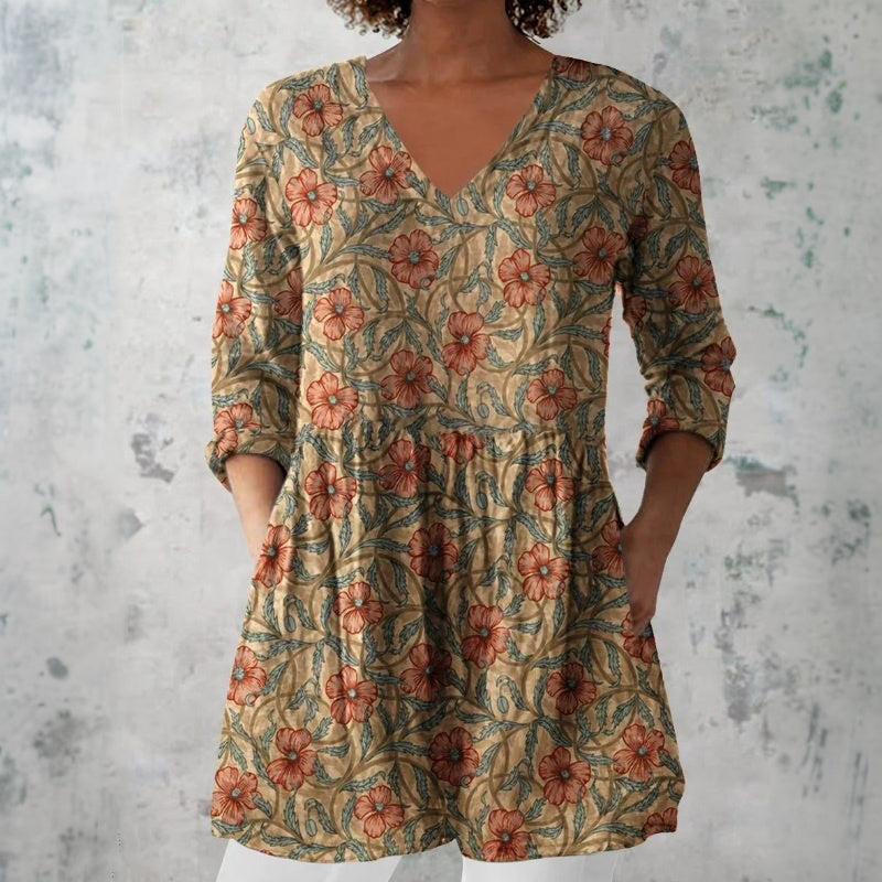 【Långärmad】 Vintage Blus Med Blommigt Tryck