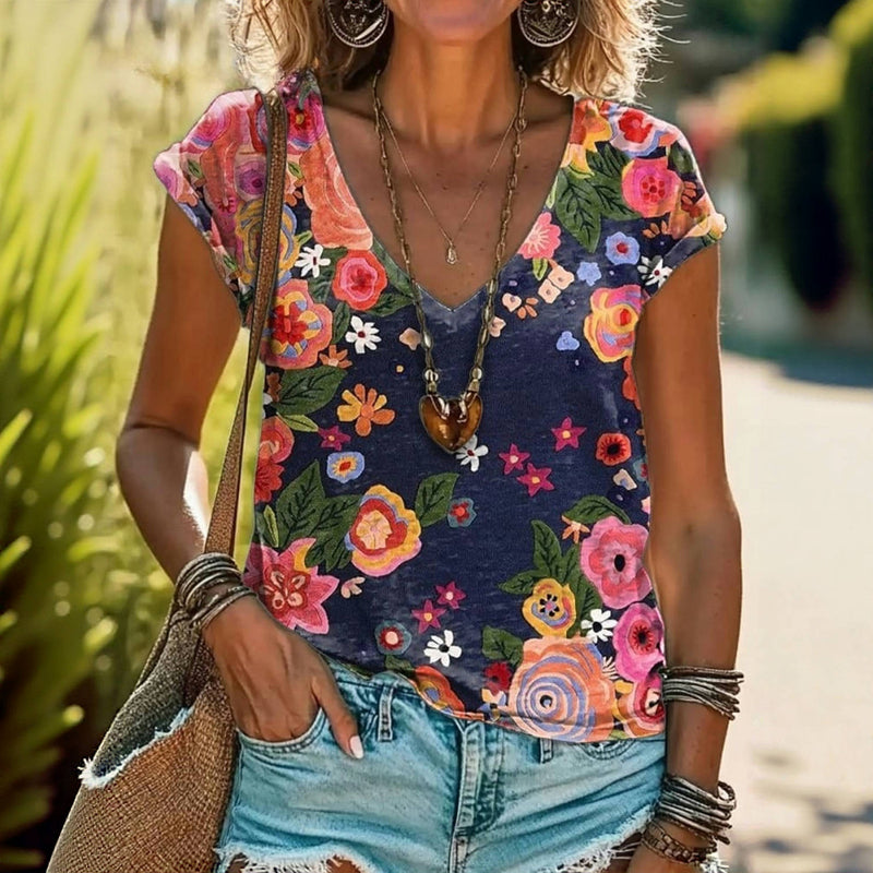 Casual T-Shirt Med Blommigt Tryck