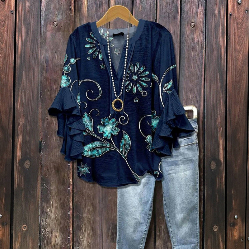 Vintage Blus Med Blommönster