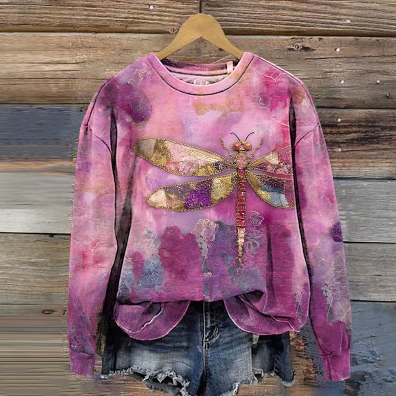 Vintage Sweatshirt Med Trollsländetryck